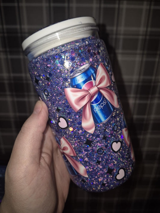 Pepsi can with bows NO GLOBE platic libbey can with glitter lid