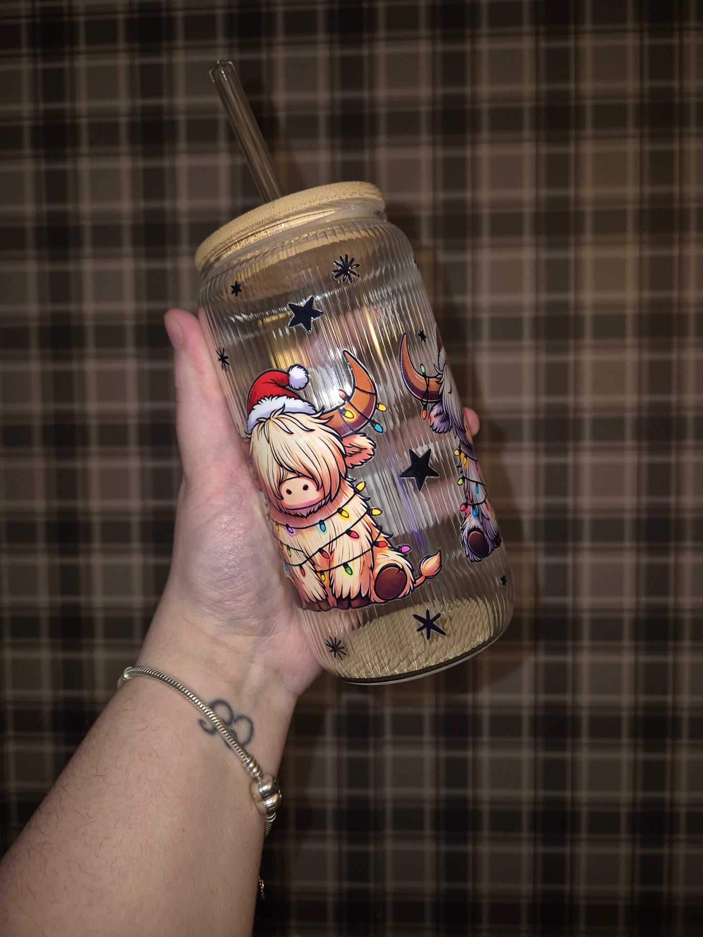 Christmas Highland cow glass can